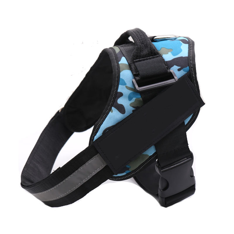 No-pull dog harness in blue camouflage for outdoor activities
