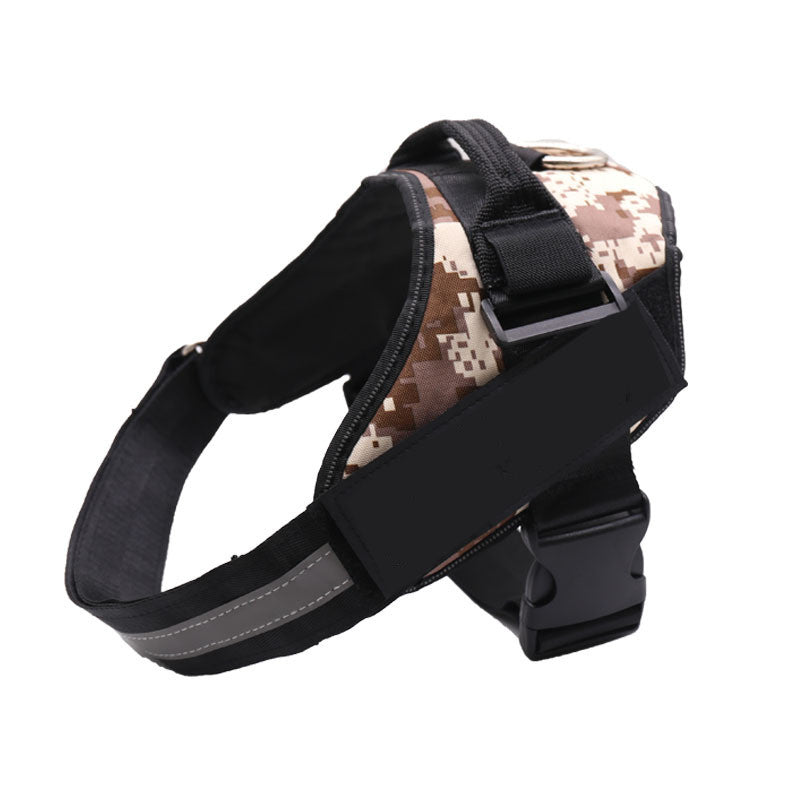 Tactical dog harness in brown camouflage with adjustable straps
